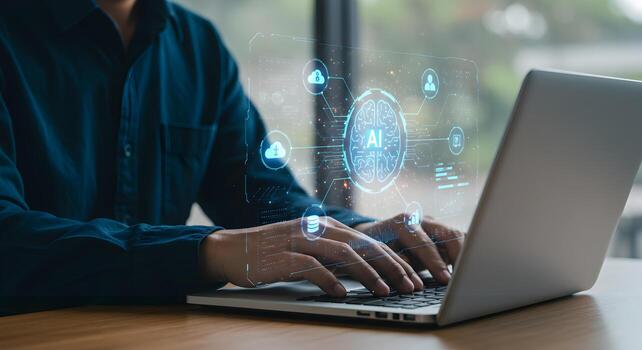 ai tecnología y máquina aprendizaje concepto hombre utilizando ordenador portátil con artificial inteligencia cerebro icono foto