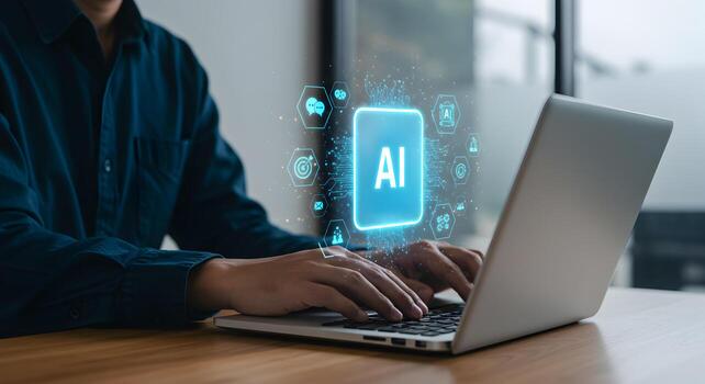 ai tecnología concepto utilizando ordenador portátil para artificial inteligencia y máquina aprendizaje soluciones foto