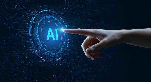 Ai artificial intelligence technology concept with hand touching ai button interface design photo