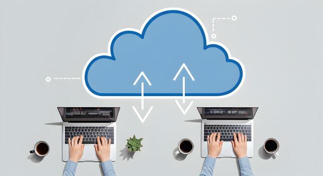 Cloud computing concept with laptops and arrows for data transfer and backup technology solution photo