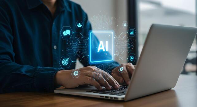 ai tecnología concepto hombre utilizando ordenador portátil con artificial inteligencia para negocio soluciones y automatización foto