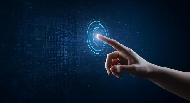 Hand touching digital interface futuristic technology innovation hitech connection access system 100 photo