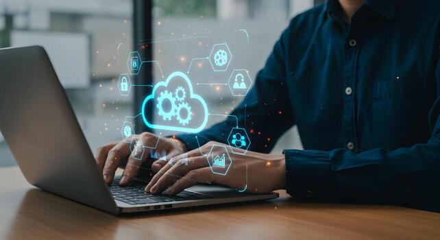Cloud computing services man using laptop for data storage and networking solutions online connectivity photo