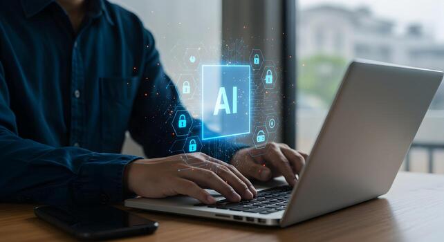 ai la seguridad cibernética concepto hombre trabajando en ordenador portátil con artificial inteligencia seguridad sistema en línea tecnología foto