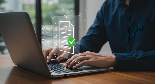 Digital document management system for online approval workflow automation on laptop computer user interface photo
