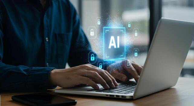 Ai cybersecurity concept man using laptop with artificial intelligence and data protection 100 photo