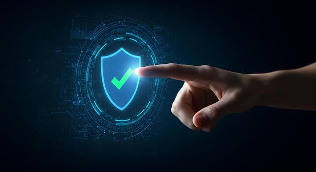 Cyber security concept hand touching shield with check mark for data protection network security 100 photo