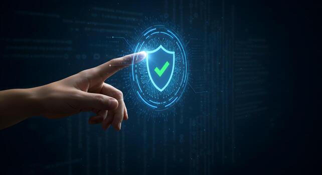 Cyber security data protection concept hand touching shield icon on digital display interface photo