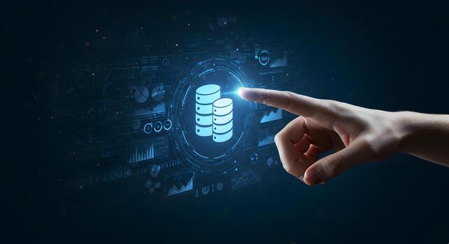 Data storage solutions concept with hand touching database icon on digital interface screen photo