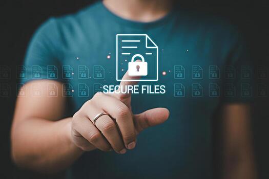 Secure files data protection concept man touching virtual screen with padlock and document icons 100 photo