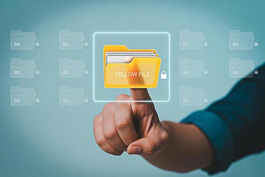 Accessing secure yellow file folder online with finger touch for data protection and privacy concept photo