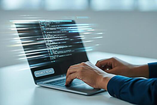 Coding on laptop with project echo software development programming and cybersecurity technology concept photo