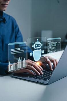 Ai chatbot development using laptop for automation and artificial intelligence technology concept photo