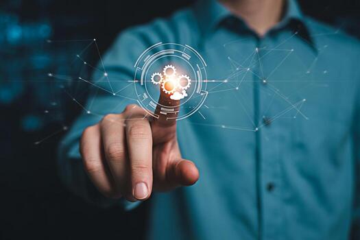 Man touching digital interface automation technology and artificial intelligence concept design 100 photo