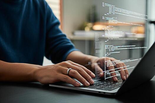 Programmer coding on laptop software development it professional writing code computer science engineering photo