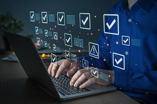 Digital checklist and task management on laptop for efficient workflow and productivity in business process photo
