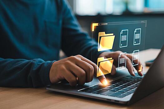 Data management on laptop concept person using file folder document transfer cloud computing technology photo