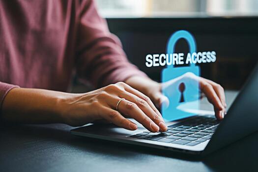 Secure access concept woman working on laptop cyber security data protection and privacy internet network photo