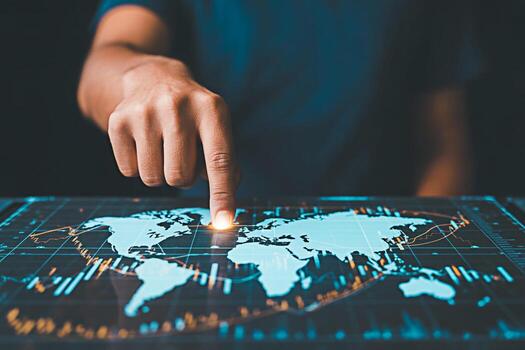 Global business data analytics and world map visualization on digital screen technology concept 2024 photo