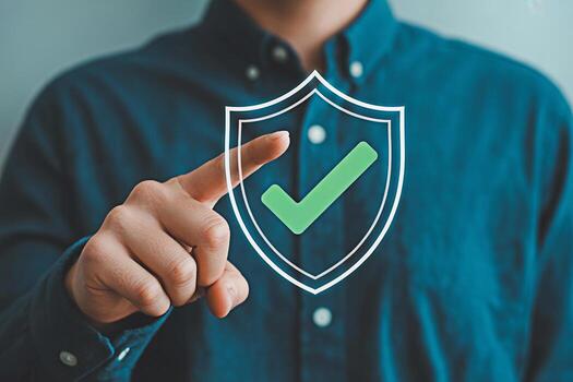 Understanding security concept man pointing at shield with check mark for data protection online safety photo