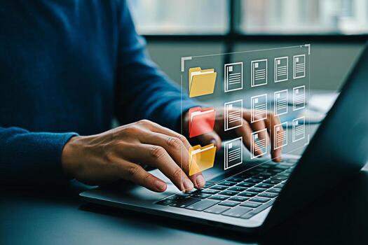 Data management system on laptop for organizing files and documents with cloud storage technology backup system photo