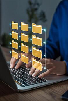 Managing documents on laptop with cloud storage for efficient data organization and digital transformation online photo