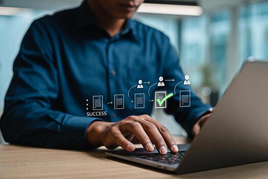 negocio proceso automatización flujo de trabajo administración software para éxito en ordenador portátil computadora en línea sistema foto