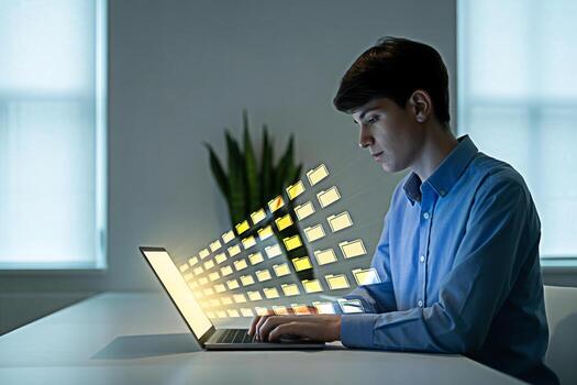 Data management on laptop concept of file transfer sharing and backup with folders and user working 100 photo