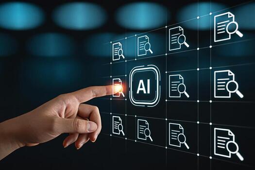 Ai document search technology concept with hand touching interface and data analysis tools online 100 photo