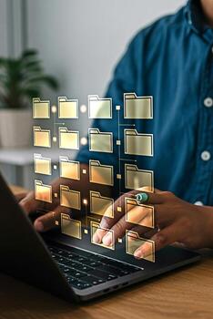 Data management system file organization cloud storage digital documents on laptop for efficient workflow photo