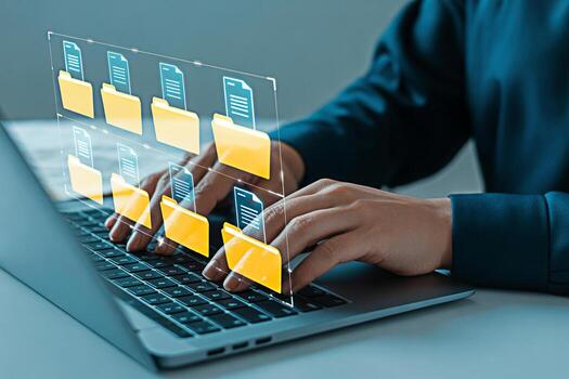 Data management and file organization concept using cloud storage on a laptop for efficient workflow photo