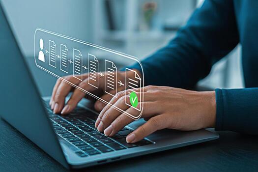 Online form submission process on laptop for digital document management and workflow automation system photo