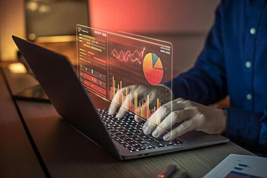 Data analysis on laptop with charts and graphs for business intelligence and financial analytics insights photo