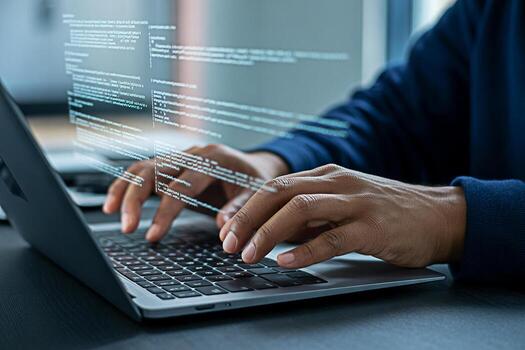 Coding on laptop computer programmer typing code development software engineer programming technology expert photo