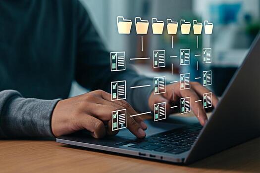 Data management system using laptop for cloud computing and file sharing network concept design 100 char photo