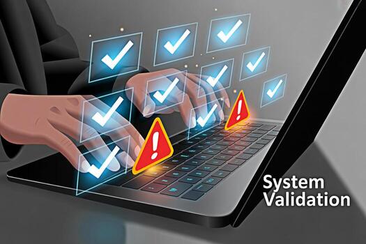 System validation process on laptop with check marks and error warnings for quality assurance it audit photo