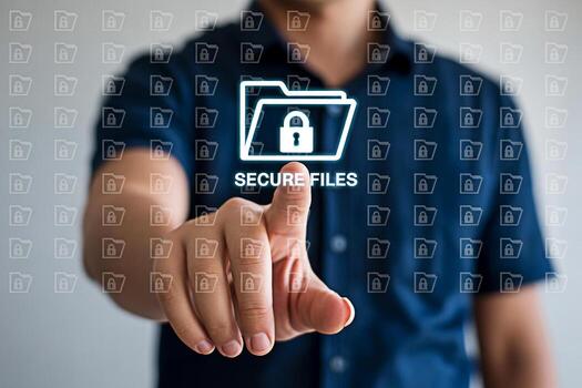 Secure files management concept for data protection and privacy with man touching screen interface photo