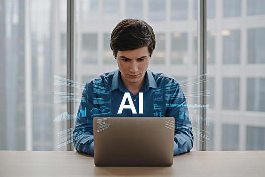 Ai technology man working on laptop computer artificial intelligence machine learning concept development photo