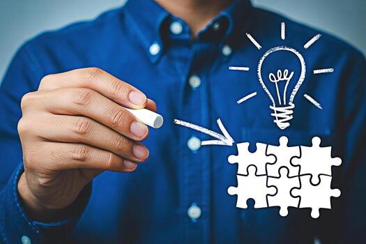 Idea generation and problem solving concept with jigsaw puzzle and lightbulb drawing on shirt concept photo