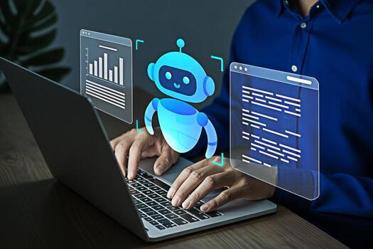 Ai chatbot development using laptop for business automation and customer support services online now available photo
