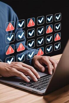Checklist and error management concept using laptop for task management and quality control process 100 photo
