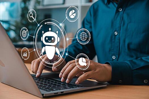 ai chatbot automatización concepto utilizando ordenador portátil para cliente Servicio y negocio inteligencia soluciones foto