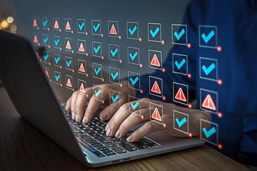 Man using laptop for online checklist with tick marks and error warnings for quality control photo