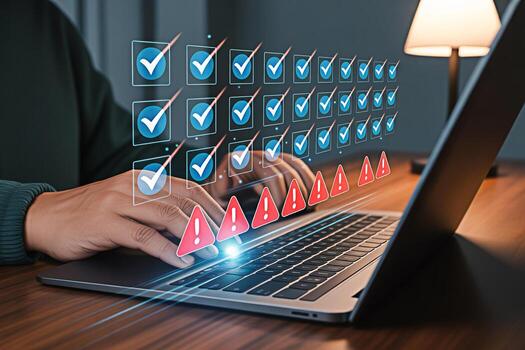 Cybersecurity checklist and threat detection on laptop security vulnerability assessment and compliance audit photo