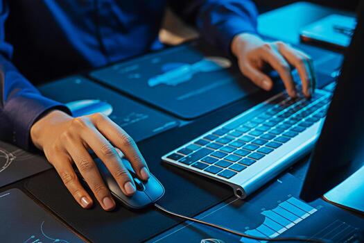 manos en teclado y ratón para datos análisis y software desarrollo en un azul iluminado ambiente foto