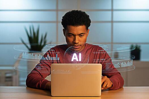 Man using ai technology on laptop for data analysis and machine learning development at home office setup photo