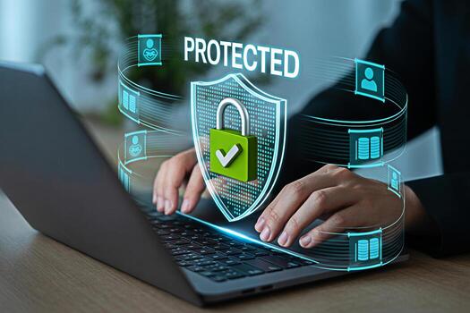 Cyber security data protection concept hands typing on laptop with shield and padlock icon 3d render photo