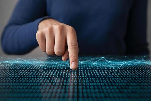 datos análisis y binario código concepto con mano interactuando con digital información tecnología 100 foto