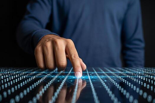 Exploring digital data binary code with finger touch technology for ai and cybersecurity concept photo