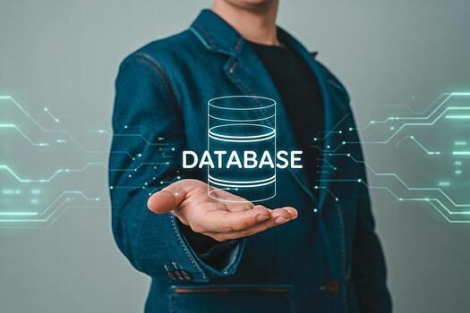 Database management system concept with man holding digital data storage in his hand for business photo